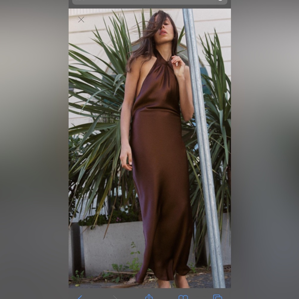 Zara Open Back Satin Effects Halter Maxi Dress Brown size L